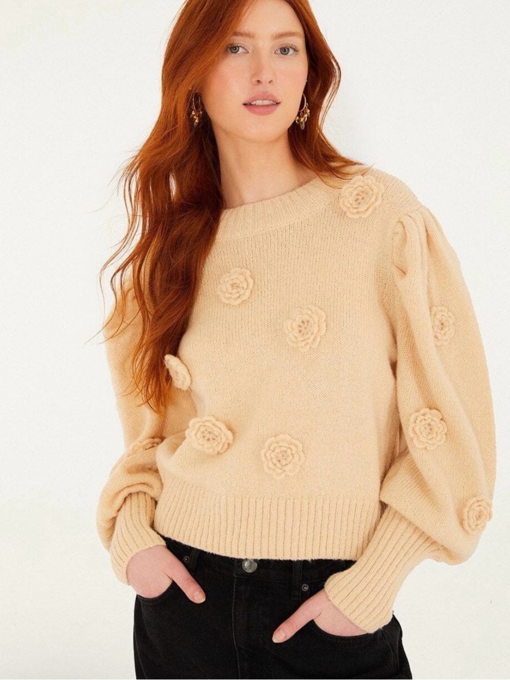 FARM Rio Cream Floral Appliqué Puff-Sleeve Sweater